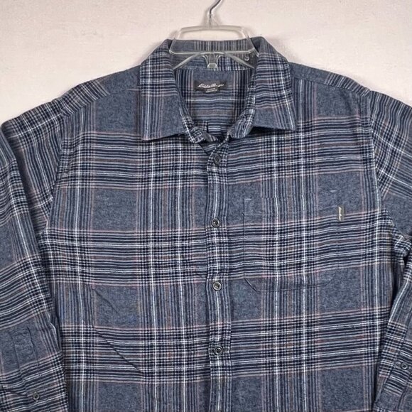 Eddie Bauer Men's‎ XL 100% Cotton Warm Brushed Twill Flannel Shirt Blue Plaid - Picture 4 of 13